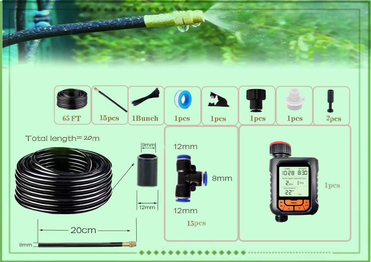 New drip Irrigation kit, Automatic Garden Watering System, Quick Connector and 360-degree Bending Dropper atomizing Copper Nozzle, Garden Plant Lawn Courtyard Watering System. (65FT Ⅱ)