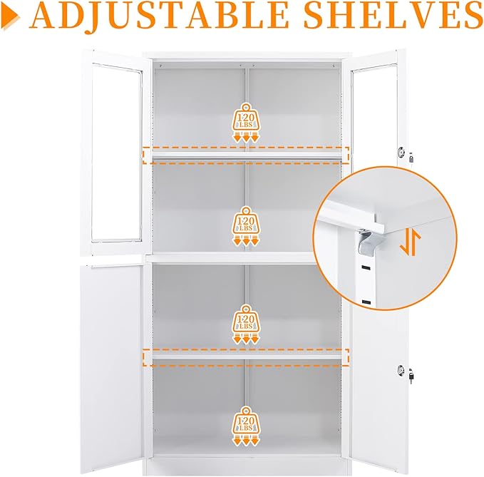 Metal Storage Cabinet with Doors and Shelves, 2 Adjustable Shelves, 4 Doors