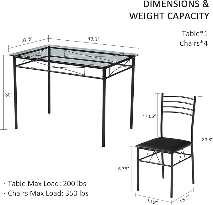 VECELO Dining Table Set for 4, 5-Piece Glass Kitchen Table