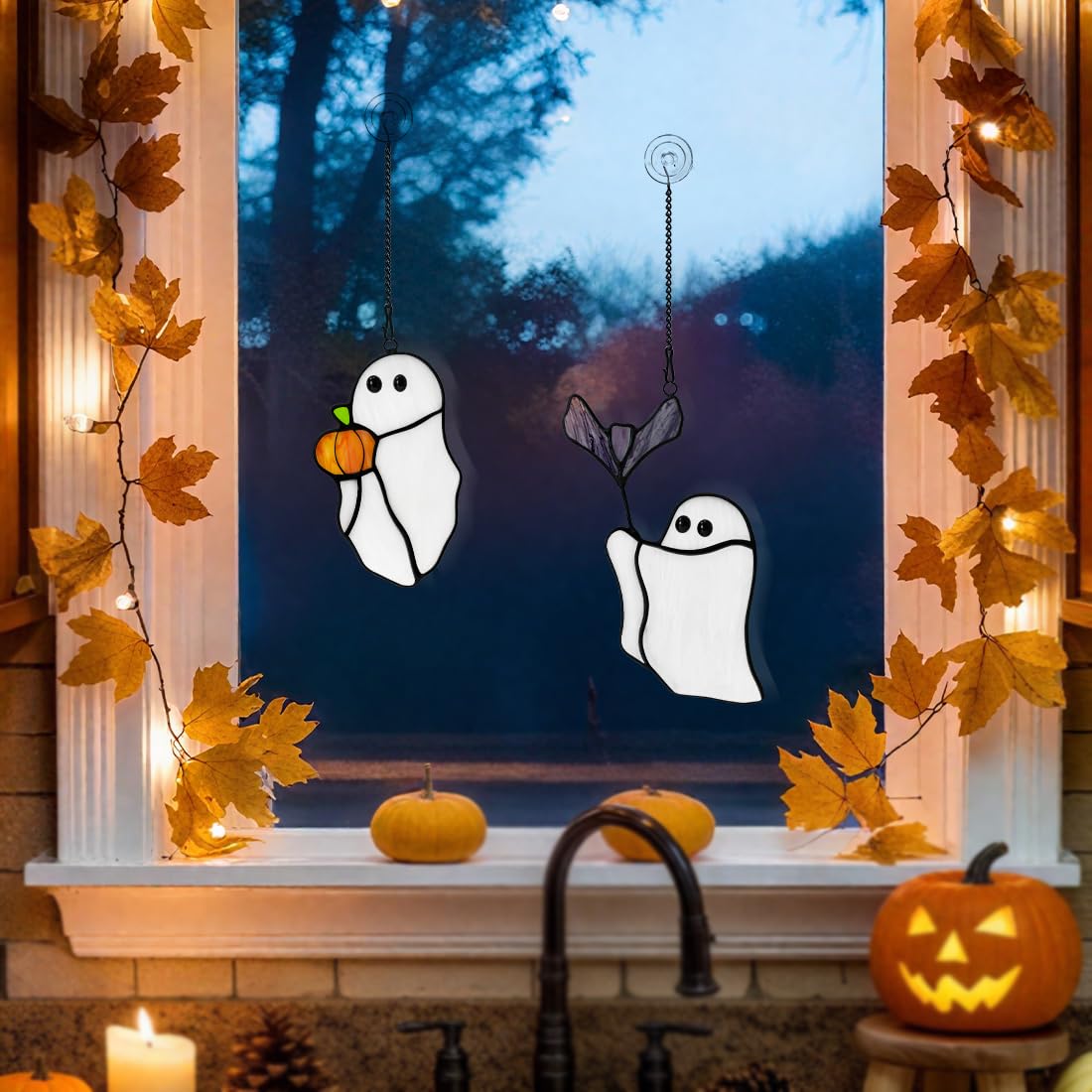 LITEPEDIA Ghosts Decor Stained Glass Window Hangings,Halloween Bat Ornament Stained Glass Suncatcher for Window,Cute Ghosts Gifts for Girls Boys,Funny Halloween Pumpkin Party Decor