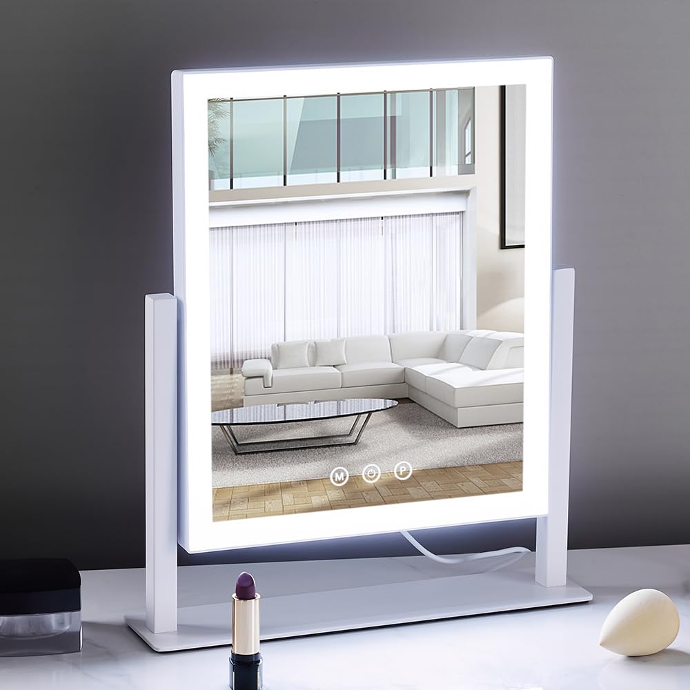 HIEEY Lighted Makeup Mirror, Hollywood Vanity Mirror with Lights, Three Color Lighting Modes, and 5X Magnification Mirror, Smart Touch Control, 360°Rotation (17.3in,White,Gift Box)