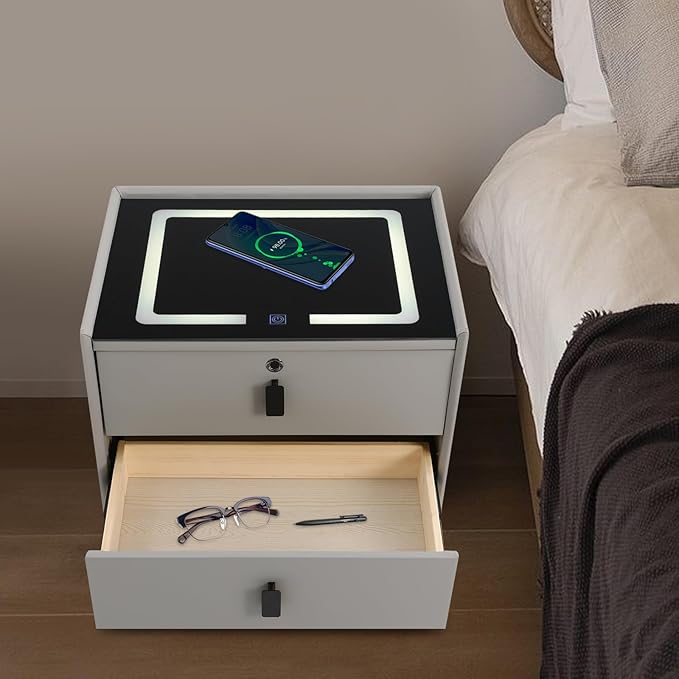 Smart Nightstand w/Fingerprint Lock Drawers, Smart Bedside Table w/USB Charging