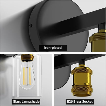 Set of Two Wall Sconces for Bedroom, Modern Wall Mount Light Fixtures with Clear Glass Shade Lighting Lanterns, Farmhouse Wall Lights for Bathroom Living Room Mirror Hallway Kitchen (E26 Base)