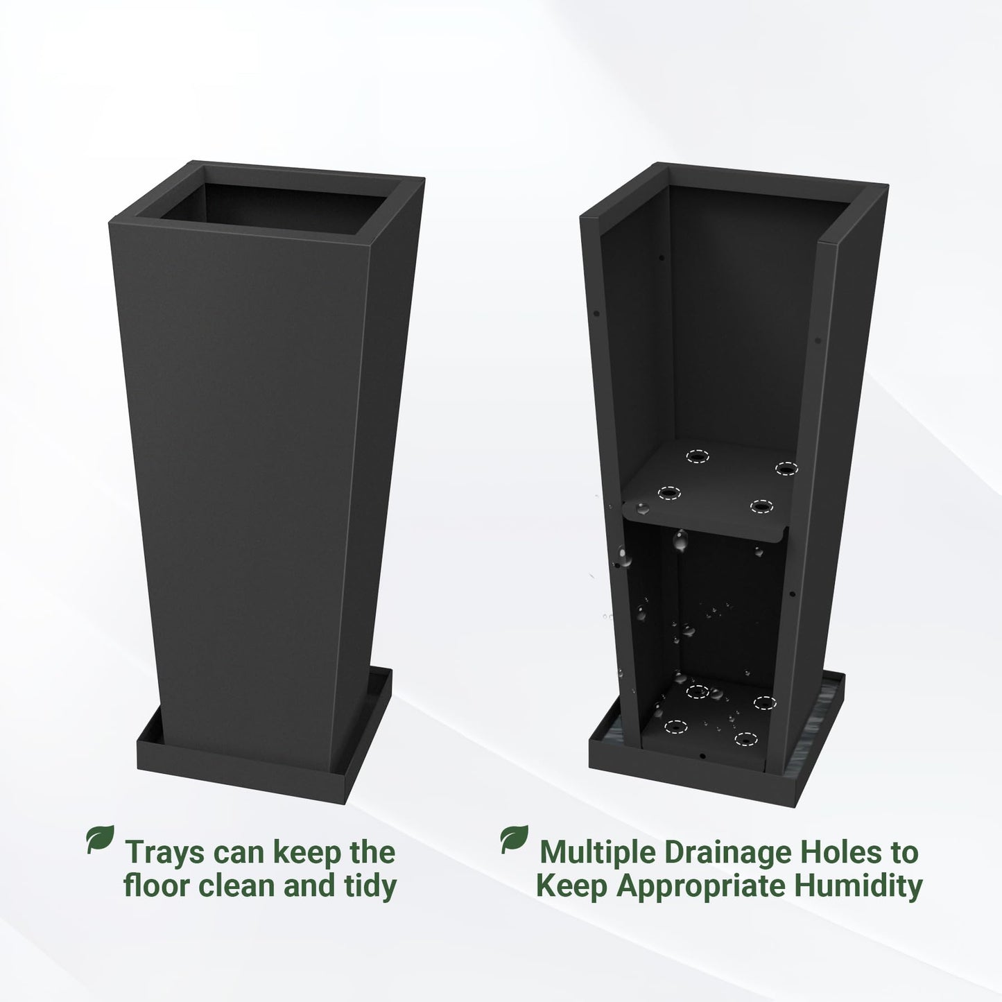 Toriexon Metal Tall Outdoor Planters Set of 2, 24 inch Durable Tall Planters with Rust-Proof Coating & Drainage Insert Shelve & Trays, Black Outdoor Planters for Porch, Garden, Patio, Yard