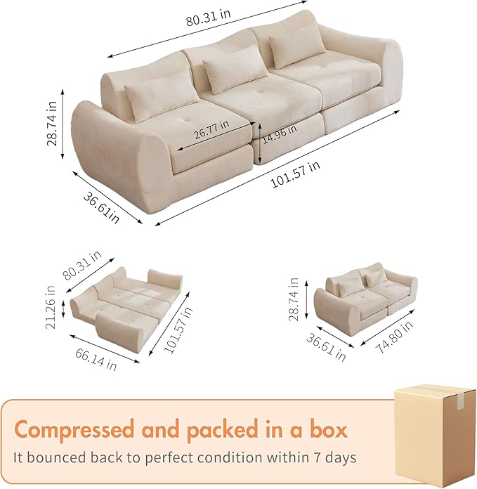 102" Modular Sectional Boneless Couch