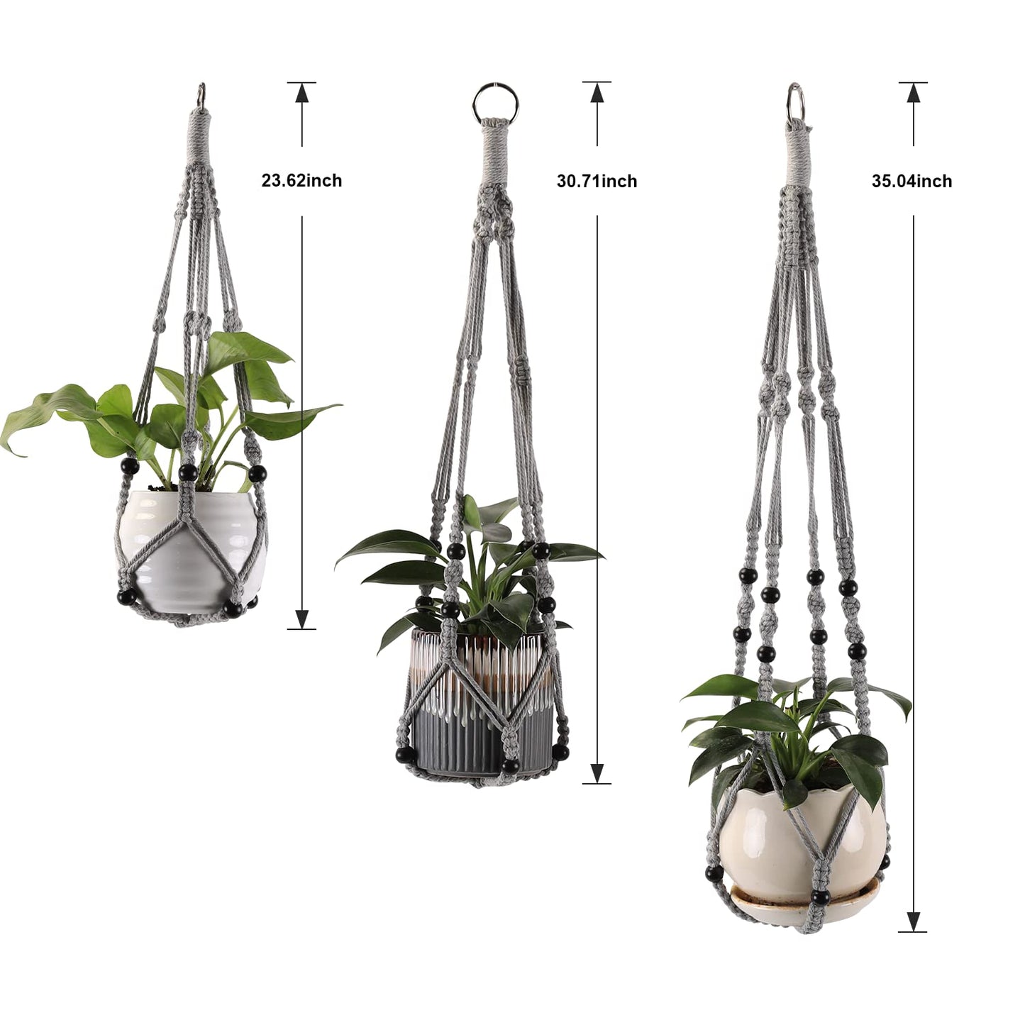 MKO SHUN 3-Pack Macrame Plant Hanger Indoor - Hanging Planter Basket for Indoor Outdoor - Decorative Boho Plant Holders Set with Beads - Ceiling Flower Pot Holder with 6 Hooks - 35"/30"/24" Gray