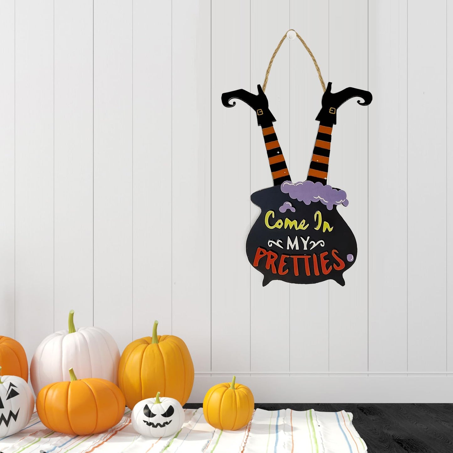 Witch Legs & Cauldron Wooden Sign Come In My Pretties Halloween Decor Hanging Wall Art for Front Door and Haunted House