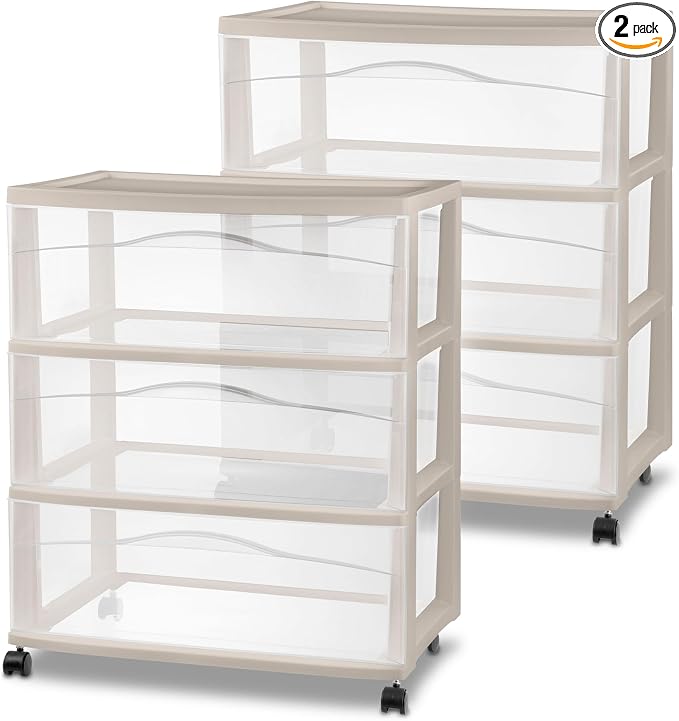 Sterilite 2 Pack Wide 3 Drawer Storage Cart, Rolling Organization, Grey | Clear Plastic Organizer Drawers with Wheels for Craft Supplies, Bath Essentials, or Home Accessories