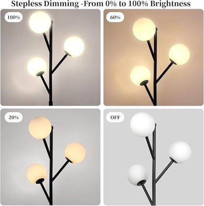 3-Globe Mid Century Black Tree Floor Lamp and Bulbs Included,70in Tall Modern Stepless Dimmable Standing Lamp with Frosted Glass Shade for Living Room Office Bedroom, Study Room(dimmer-Black)
