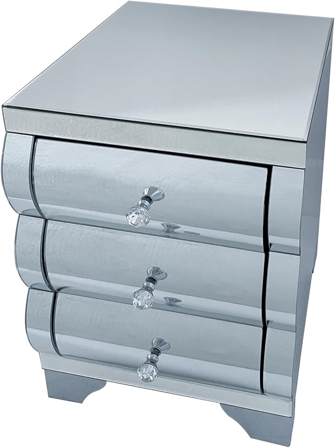 Curved Mirror Nightstand with 3 Drawer Glass Bedside Table