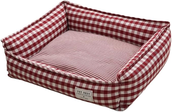 Orthopedic Rectangle Dog Bed for Medium Small Dogs, Plaid Plush Modern Puppy Sofa Bed with Anti-Slip Bottom, Cute Calming Pet Bed(Red,Large)