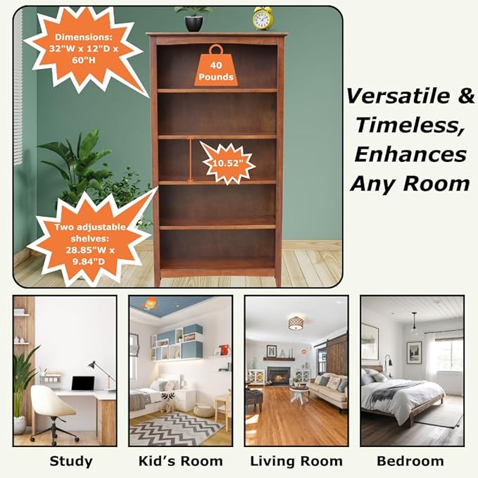 International Concepts, Solid Wood Bookcase 60" High, Adjustable Shelves