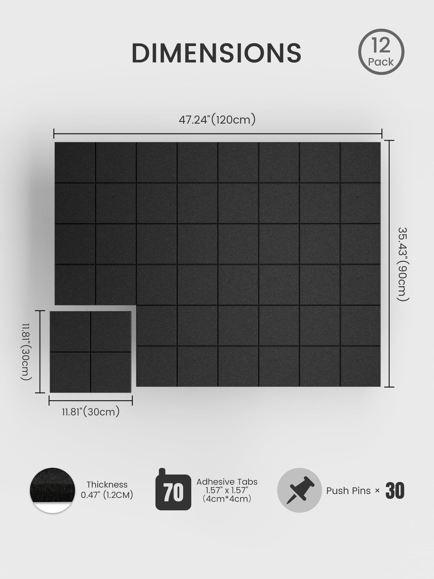 Bumusty Large Felt Bulletin Board, 48" x 36" Cork Board Alternative, 12-Pack Wall Tiles with 4-Compartment Design, 30 Push Pins, 70 Adhesive Tabs, Ideal for Office & Home Decor, Black