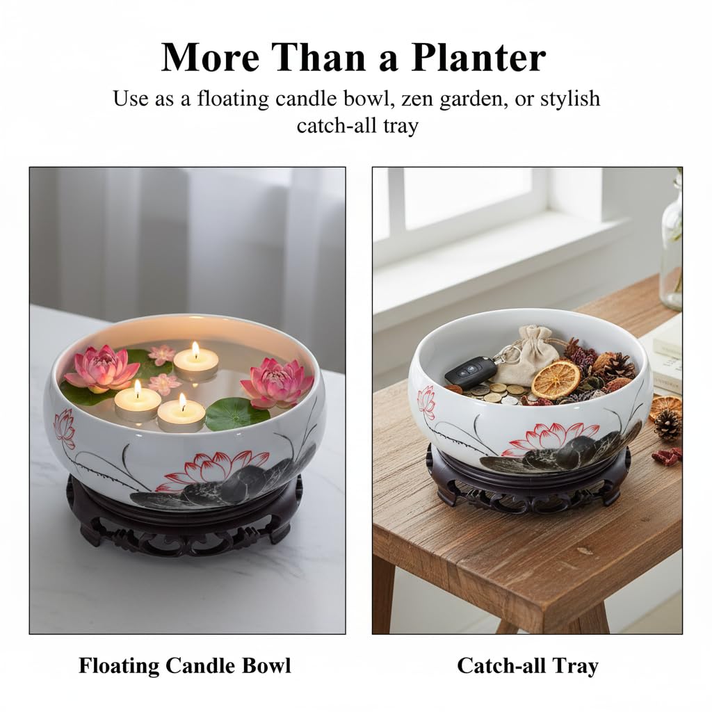 Veemoon Ceramic Lotus Bowl Planter, Chinese Hydroponic Pot with Base Round Pottery Shallow Planter Flower Plant Succulents Bowl Thickened No Drainage Pot for Indoor Outdoor Zen Garden Decor (6.68")