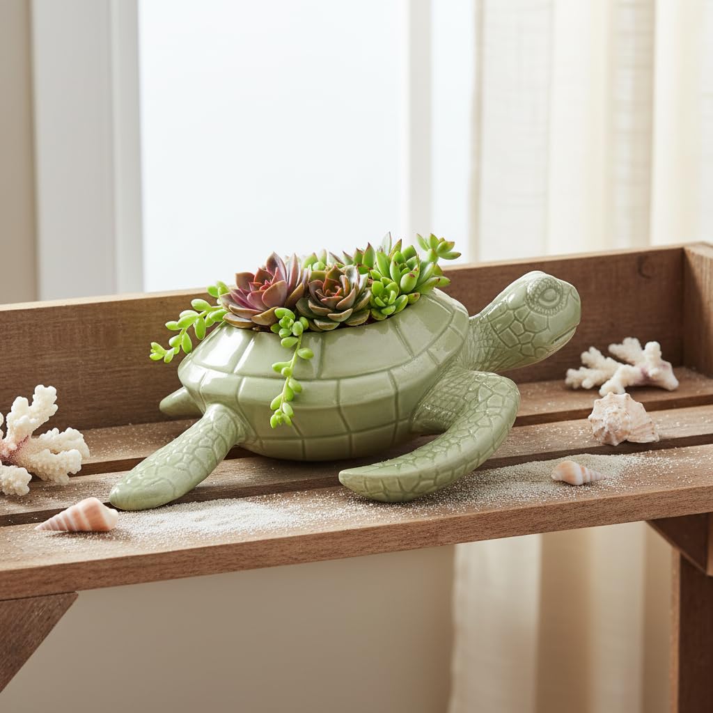 Comfy Hour 9" Sea Turtle Succulent Planter, Decorative Ceramic Turtle Flower Pot for Cactus and Small Plants, Ocean Theme Indoor Outdoor Tabletop Display, Palegreen Dolomite, 1 Unit