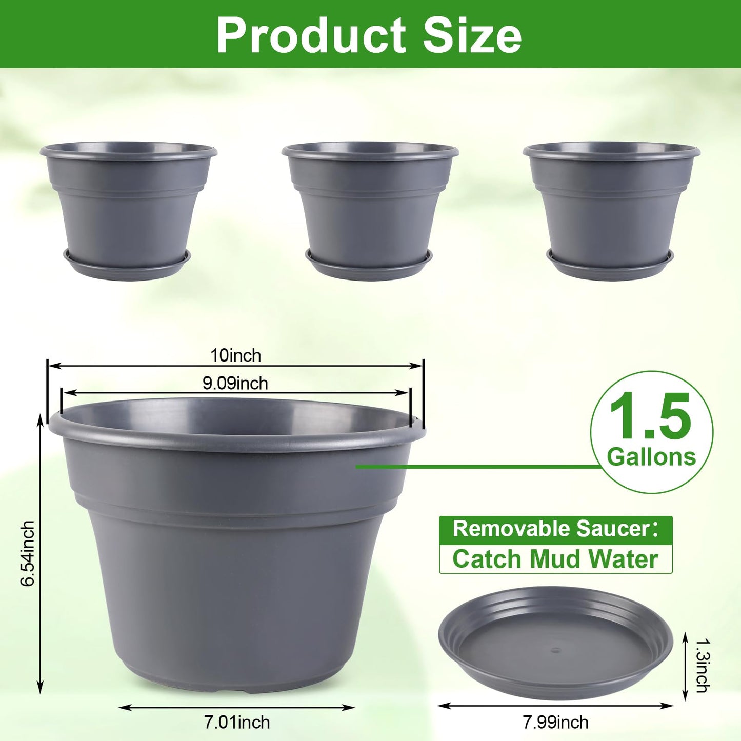 Myfeegoin 10-inch-Plant-Pots-Indoor-Outdoor, 4 Pack Plastic Planters with Drainage Holes & Saucers, Resin Flower Pots with Trays, Classic Garden Pot Container for House