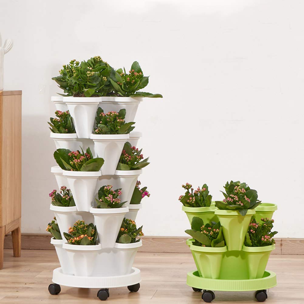 3 Tier Stackable Strawberry Planter Vertical Garden Stacking Herb Vegetable Planters with Removable Wheels Saucer, 4- Compartment Pot