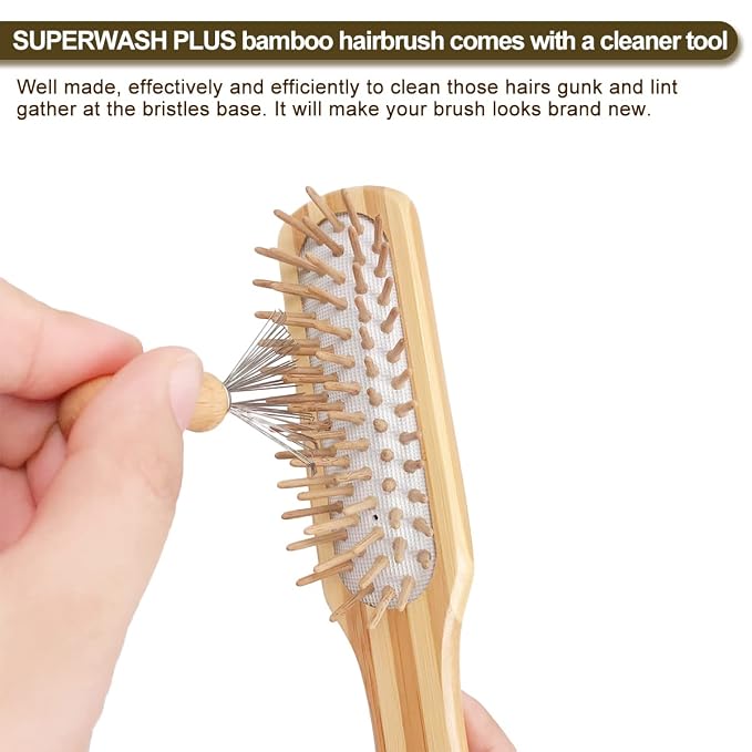 Bamboo Wood Hair Brush with Cleaning Rake for Women Men and Kids, Natural Bamboo Bristles Small Paddle Flat Hairbrush Fit All Types Hair