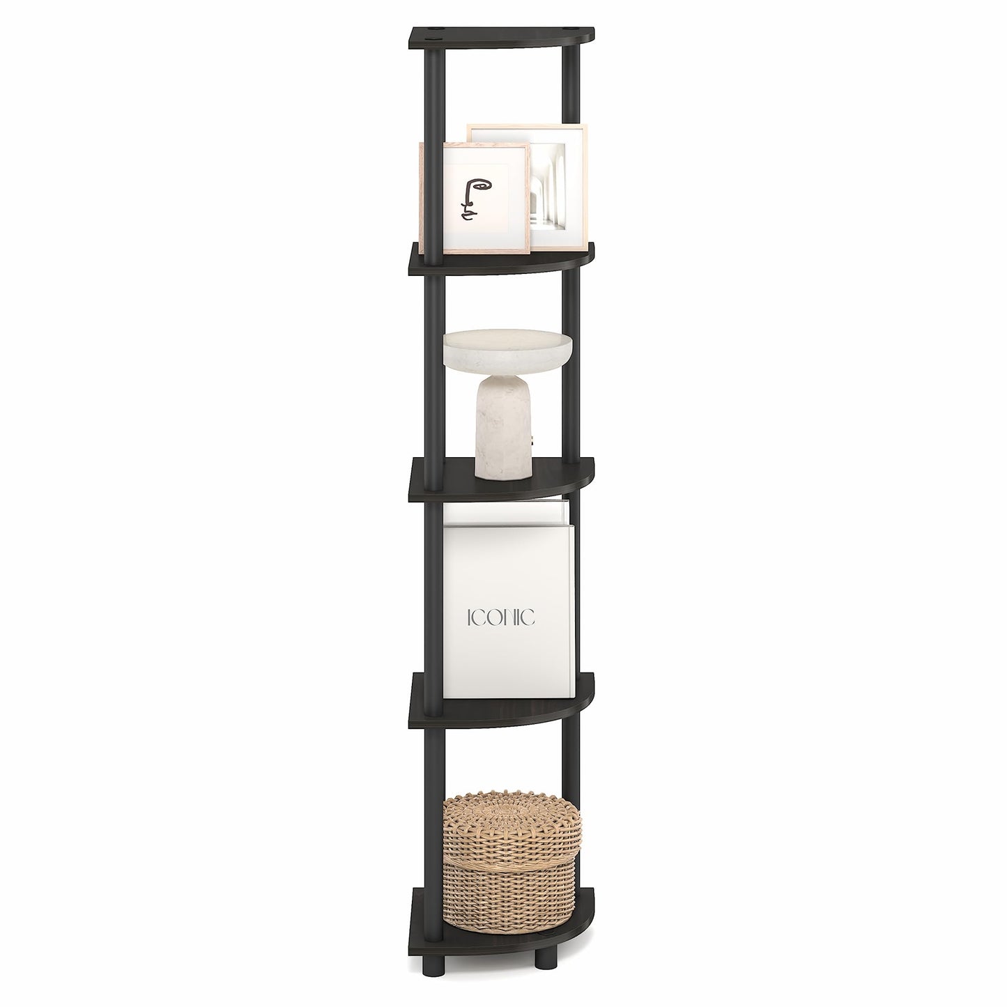 Furinno Turn-N-Tube Corner Shelf, 5-Tier Corner Bookshelf, Open Storage Shelves, for Organization and Storage, Living Room, Home Office, Garage, Bedroom, Black Espresso