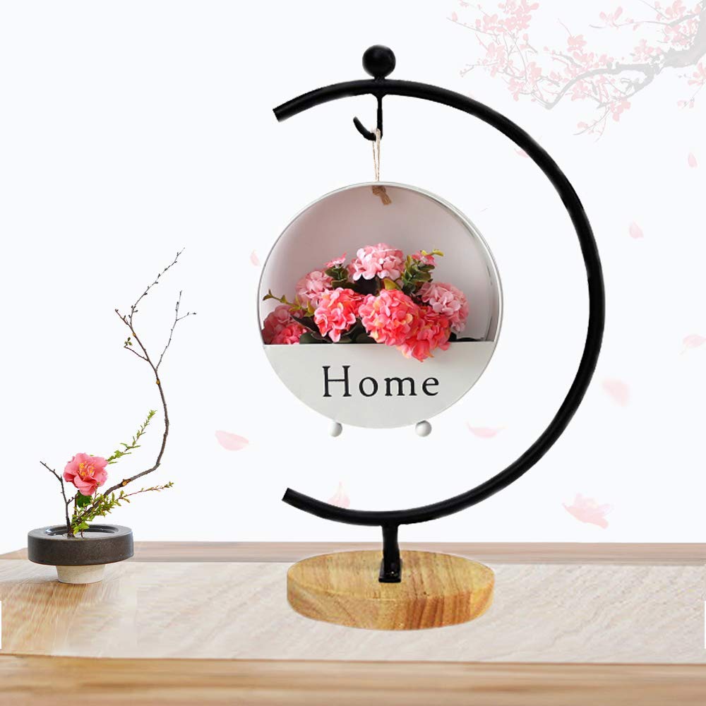 Ian Enterprises Ornament Display Stand Iron Pothook Stand for Hanging Glass Terrarium/Picture (Big G-Shaped Wood Base, Black)