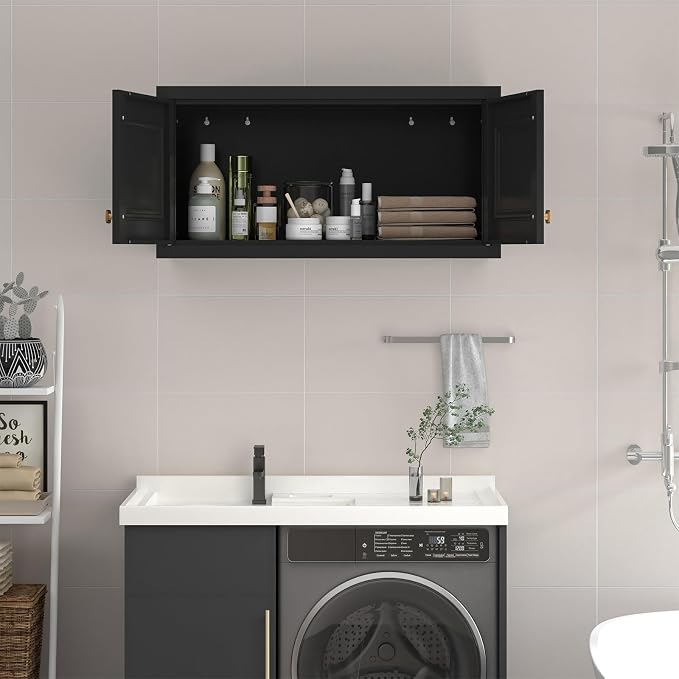 SteeLoong 15" Wall Storage Cabinet,Black Bathroom Wall Mounted Cabinet,Metal Armoire Wardrobe Closet Storage Cabinets for Basement,Livingroom Home Office