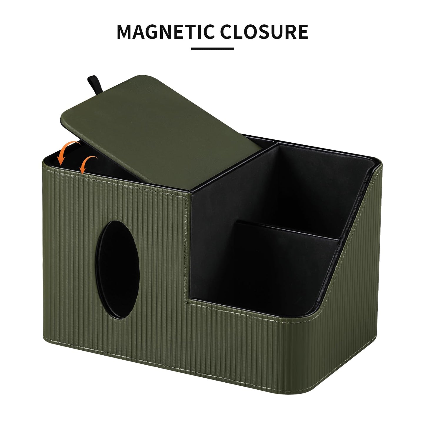 PU Leather Square Tissue Box Cover with Magnetic Closure, Tissue Holder with Storage Tray & Remote Control Organizer, for Nightstand, Living Room, Bathroom, Office Desk (Green Stripes)