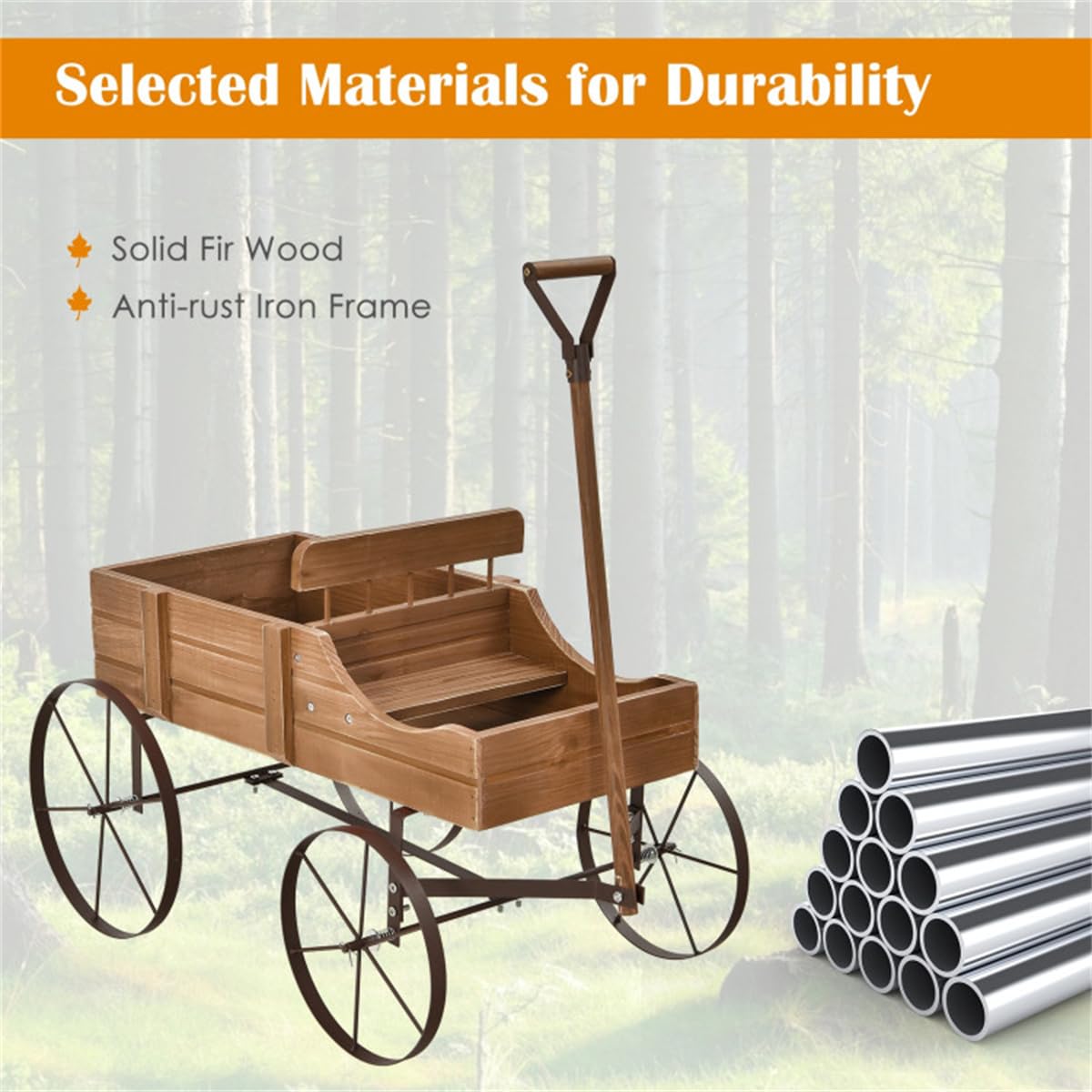 DESIGNSCAPE3D Wooden Wagon Planter Cart – Rustic Raised Garden Bed with Wheels & Handle for Outdoor Patio, Yard, Backyard, Brown Fir Wood Flower Box