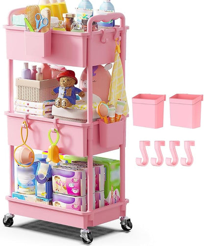 Goovilla Diaper Cart with Lockable Wheels and Easy Assembly, 3 Tier Pink Rolling Cart for Baby Nursery Storage, Sturdy Ample Diaper Caddy Organizer for Baby Girl, Boy, New Mom, Newborn Essentials