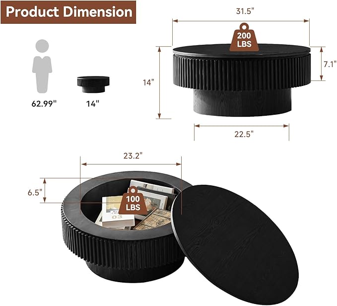Round Coffee Table for Living Room, Fluted Drum Accent Tea Center Table