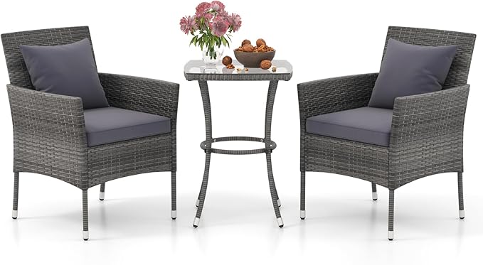 Tangkula 3-Piece Patio Furniture Set, PE Wicker Conversation Bistro Set w/A