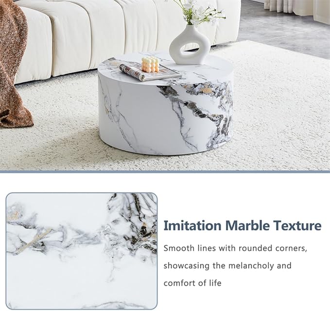 Round Coffee Table Living Room Table, Modern White Faux Marble Center Couch