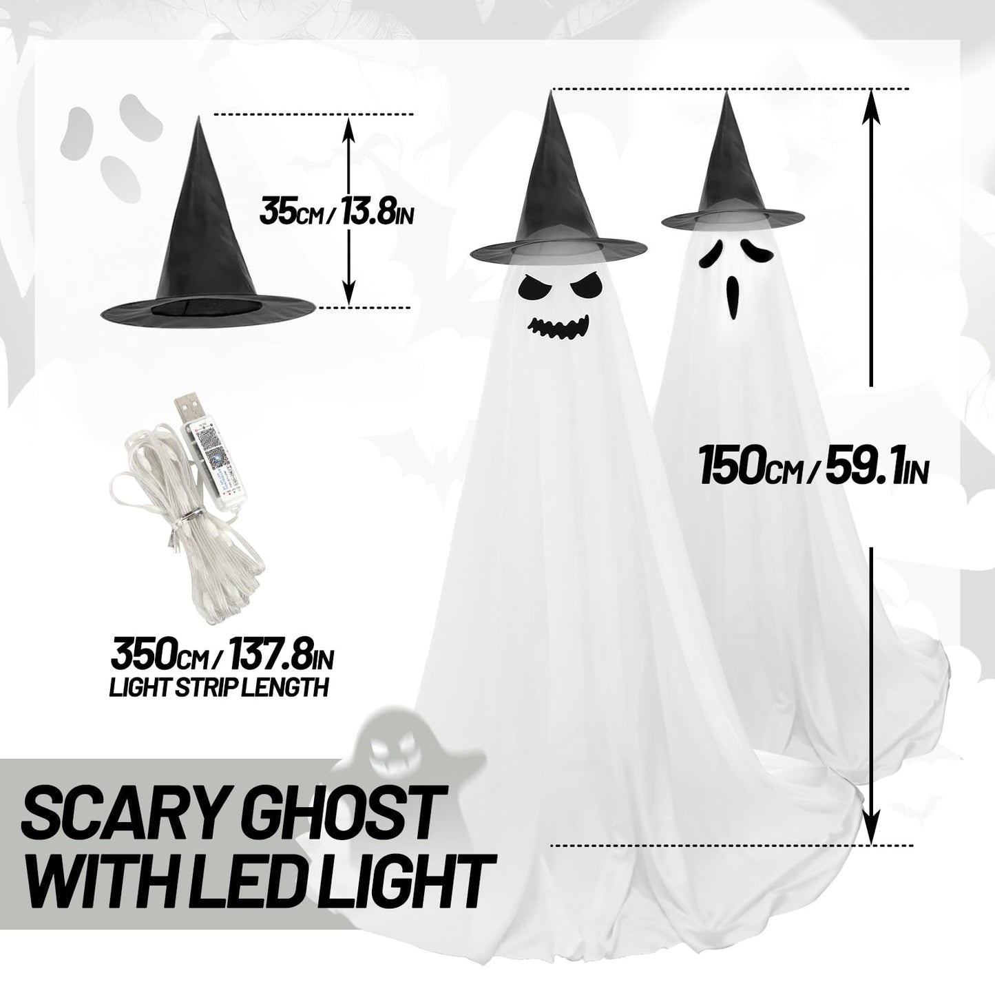 VZQI Halloween Ghost Decorations with LED Lights 2-Pack Indoor Outdoor Spooky Witch Hat Decor for Front Porch Yard Garden