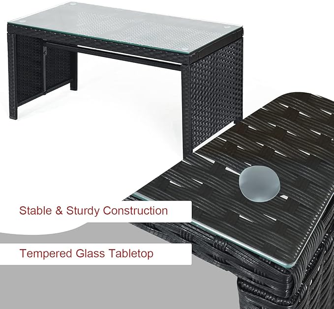 Tangkula Patio Wicker Conversation Furniture Set, Patiojoy Sofa & Table Set w/4