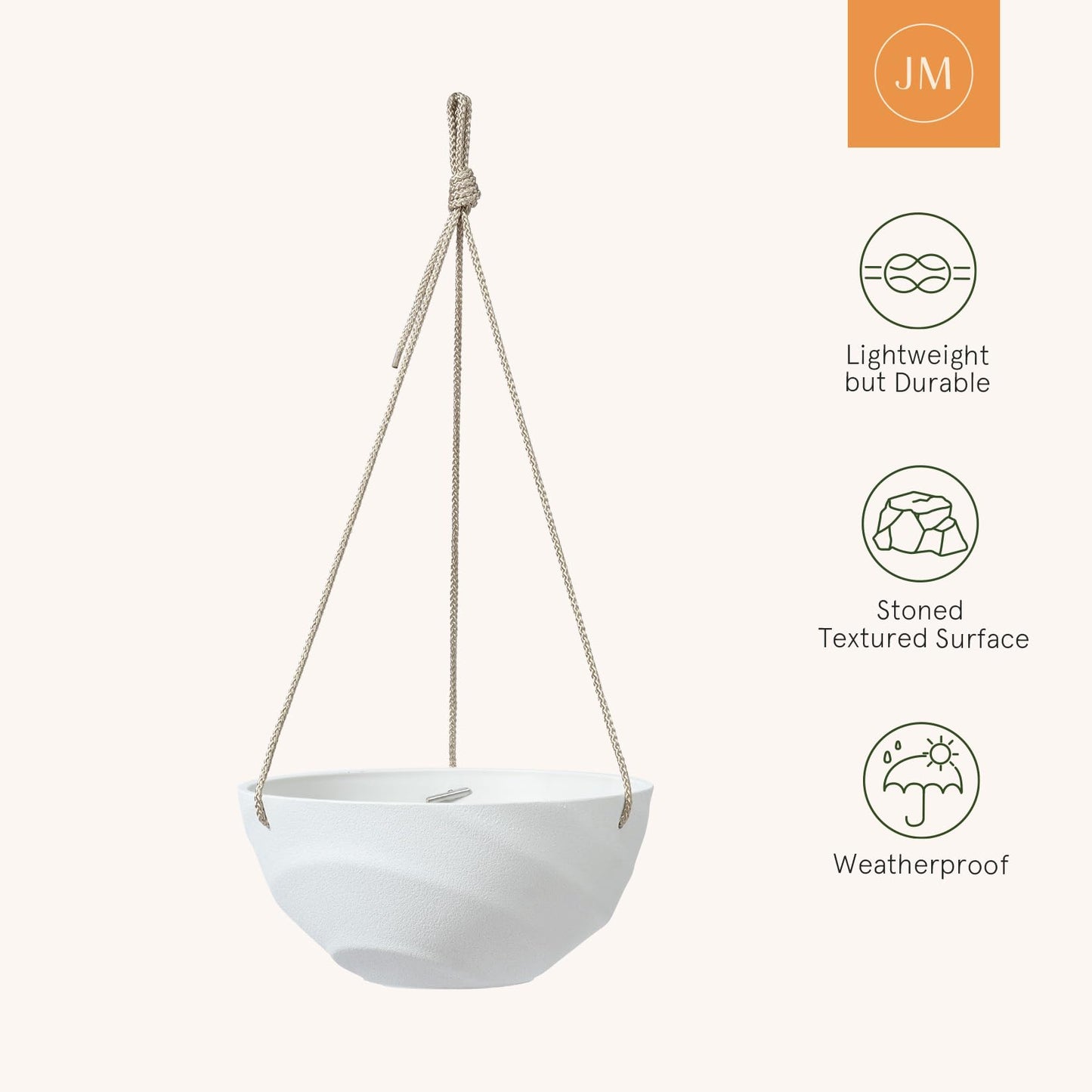 La Jolie Maison 10 Inch Hanging Planters for Indoor Plants, Outdoor Garden Planter Pots with Self-Watering Tray, Eggshell White, Set of 2