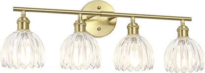 Vintage Bathroom Light Fixtures,4-Light Hardwired Vanity Lights Over Mirror,Gold Wall Sconces with Clear Tulip Glass Shade for Bathroom Living Room,E26 Socket(Bulbs Not Included)