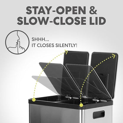 Simpli-Magic 16 Gallon (30L x 30L) Dual Compartment Step Trash Can – Kitchen Garbage Can with Slow-Close Lids – Waste & Recycling Bins, Odor Control, Hands-Free, Easy to Clean, Stainless Steel