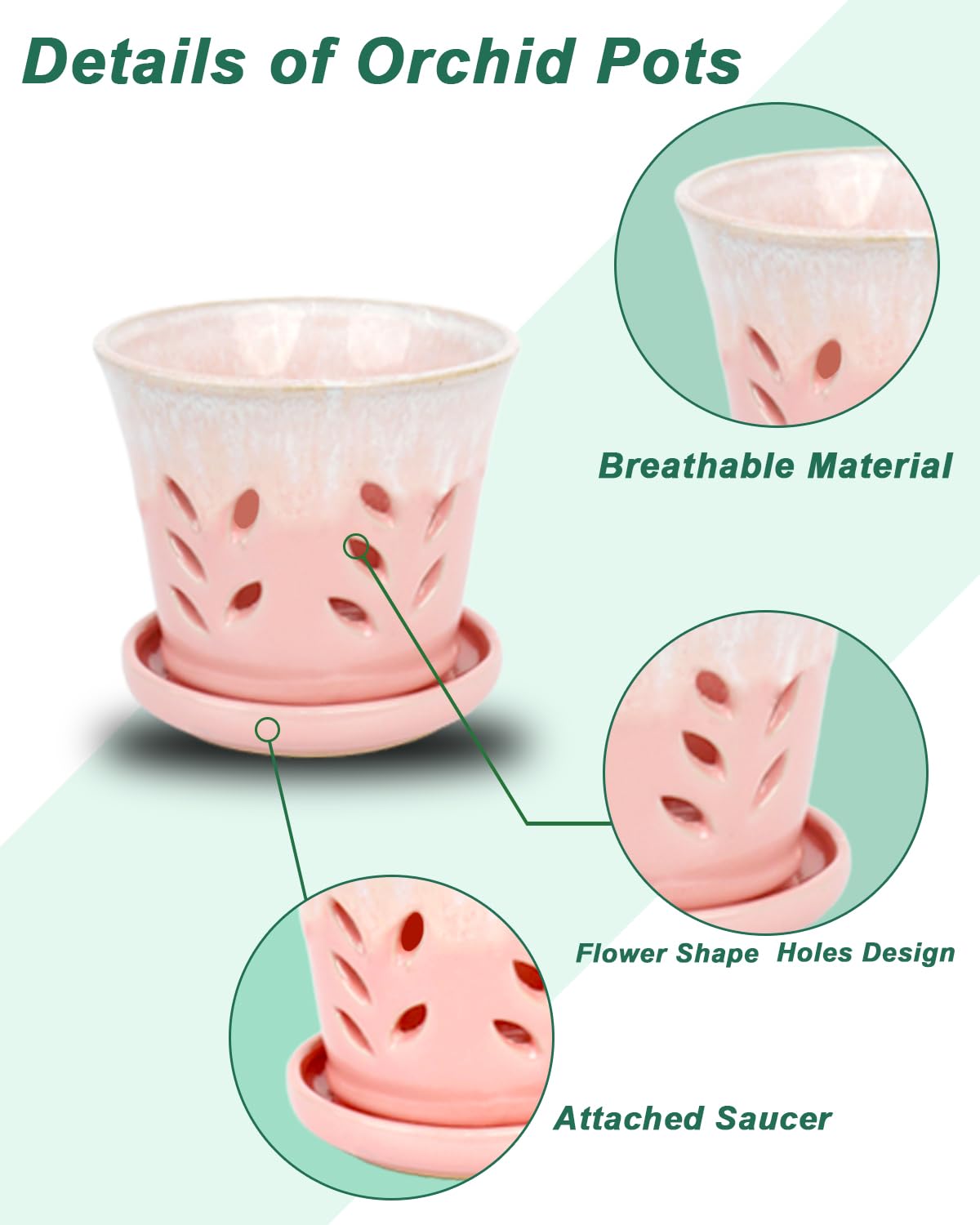 vensovo 5.5 Inch Ceramic Orchid Pot - Orchid Pot with Holes for Repotting, Ceramic Planter with Saucer for Indoor/Outdoor Plants, Pink