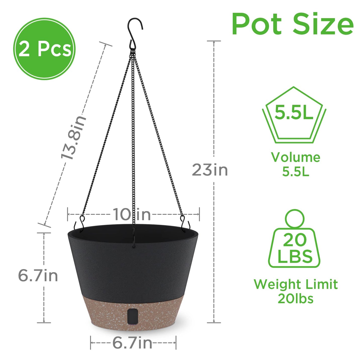 SOSMAR 2 Pack Hanging Planters, 10 Inch Hanging Pots with Visible Water Level, 6 Pcs Hooks, Decorative Flower Pot Holder with Drainage for Indoor Outdoor Use