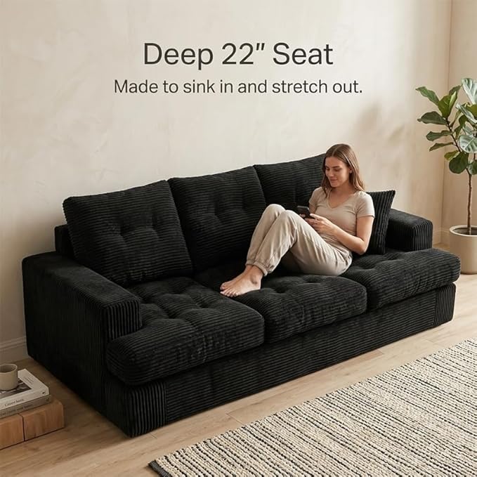 85" Corduroy 3 Seater Sofa in a Box, High-Density Foam Couch, No Assembly
