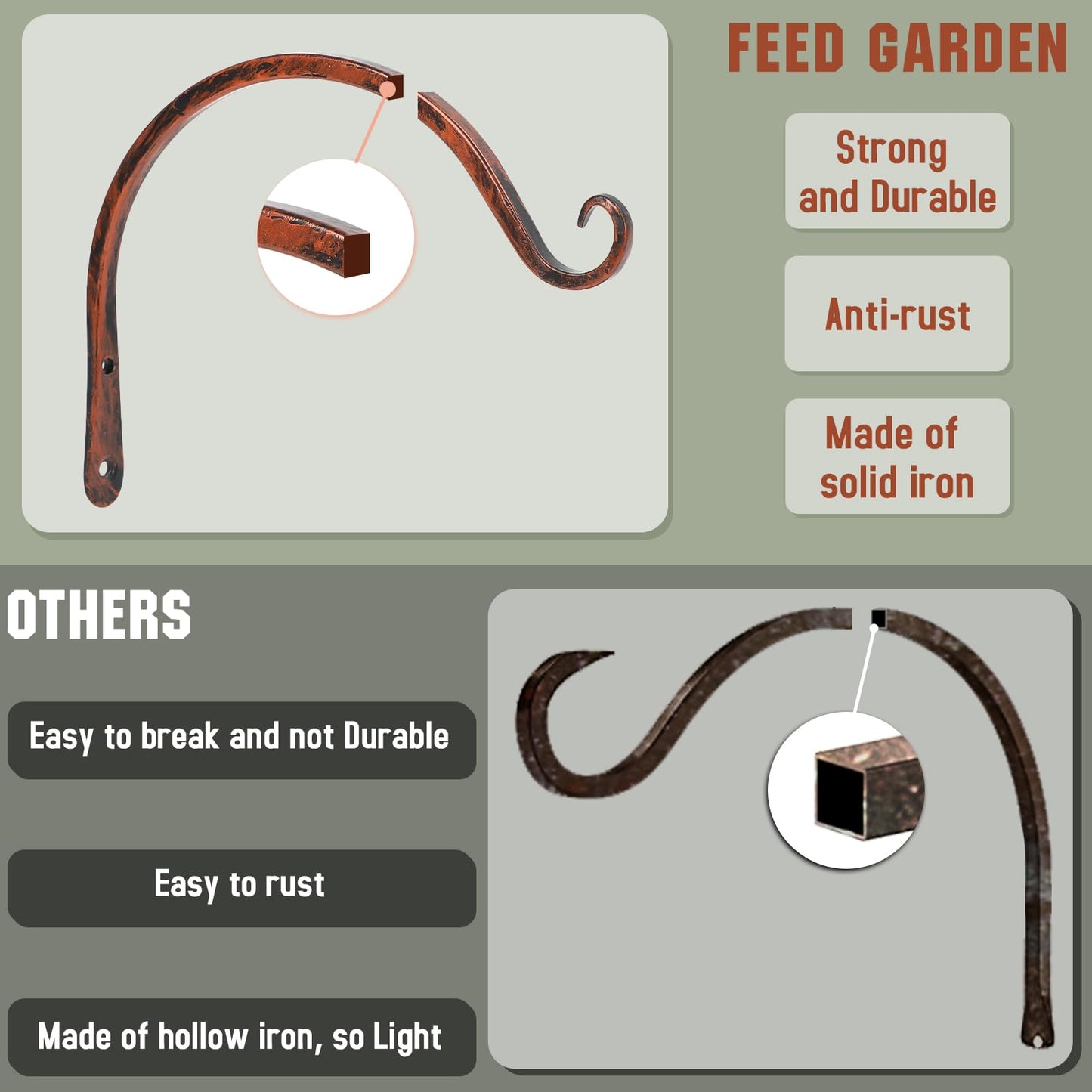 FEED GARDEN 2 Pack 8 Inch Hanging Plant Bracket Wall Hooks Decorative Plant Hangers for Outdoor Hanging Bird Feeders, Wind Chimes, Plant Baskets, Antique Bronze