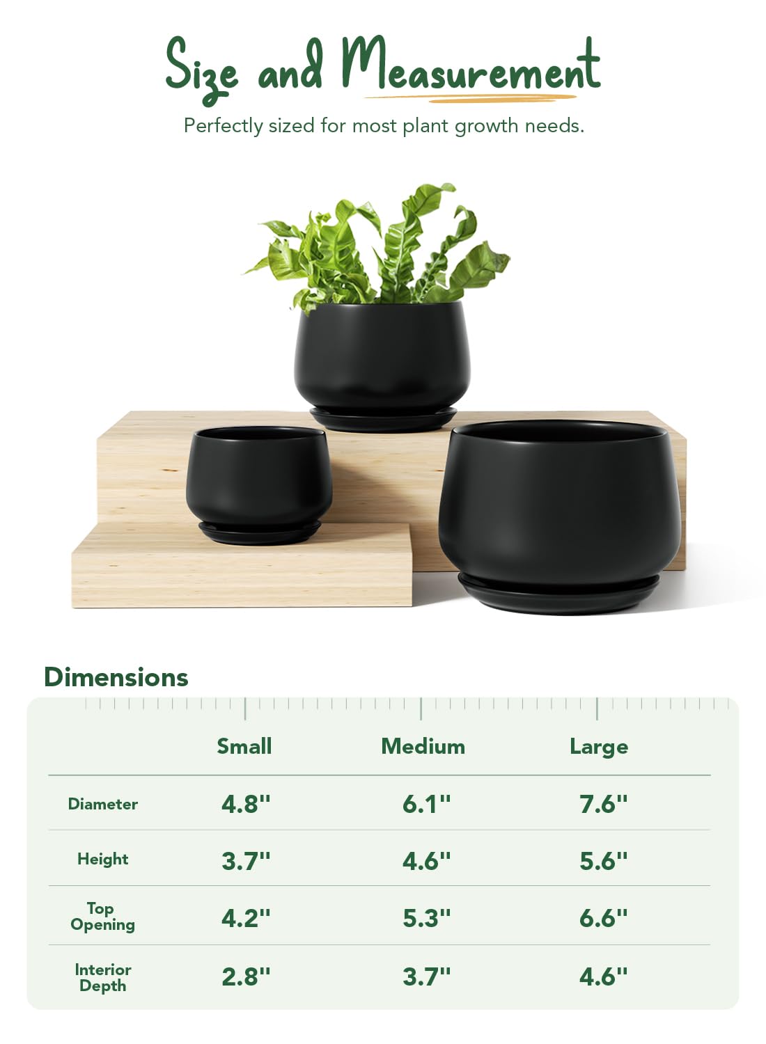 LE TAUCI Plant Pots, 4.1+5.1+6.5 inch, Set of 3, Ceramic Planters with Drainage Hole and Saucer, Indoor Flower Pot with Hole Mesh Pad, Gifts for Mom, Black