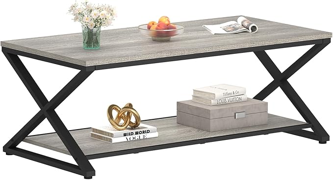 HSH Coffee Table with Storage, Farmhouse Grey Living Room Center Table