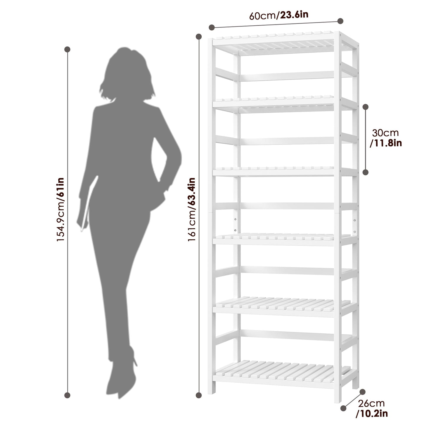 FOTOSOK 6-Tier Bamboo Shelf, Bamboo Bookcase with Adjustable Shelves, Free Standing Storage Shelf Unit, Plant Flower Stand for Bathroom, Kitchen, Home Office, White