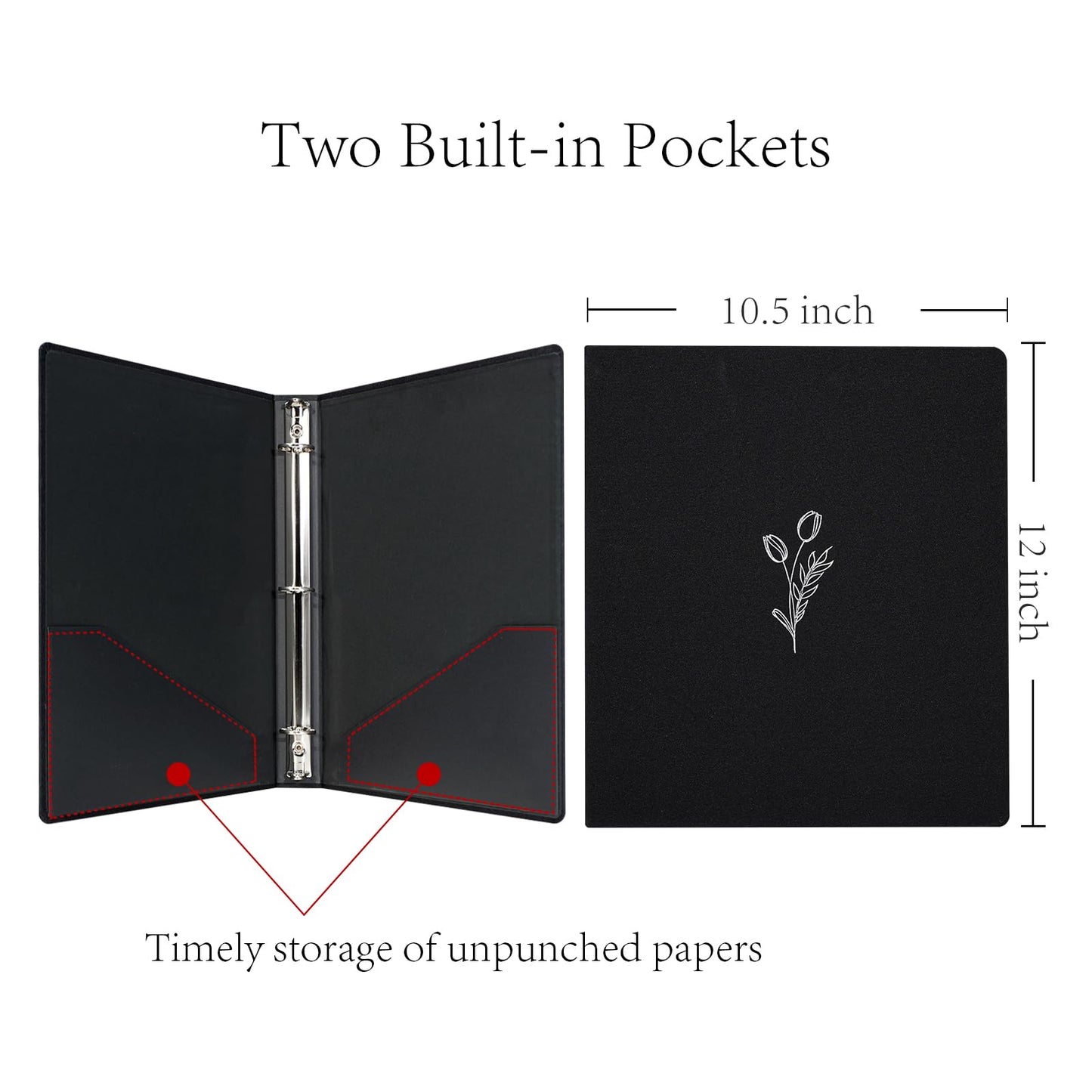Premium Linen 3 Ring Binder 1 Inch - Decorative Hardcover Binder with Round Rings, Holds 8.5 x 11 Letter Size Paper for School, Office, Home Organization & Presentation, Tulip, Black