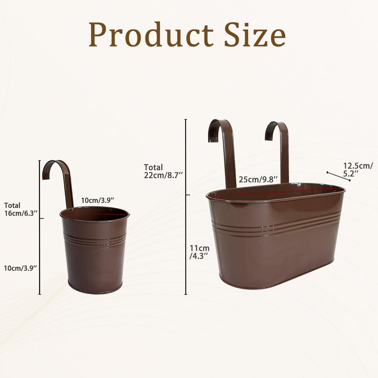 Joyfernal Pack of 4 Metal Hanging Planters for Outdoor Plants, 2 Pcs 4" Round Railing Planter & 2 Pcs 10" Oval Fence Flower Pots for Balcony Garden Decor, Chocolate