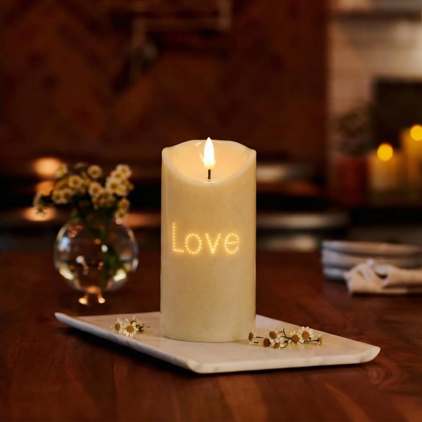 BAIRAYEN Love Flameless Candles 2-Pack, Fiber Optic Fake Candles with Timer, Warm White Battery Operated LED Lights 6" Tall for Wedding, Valentine, Anniversary, Christmas Table Decor