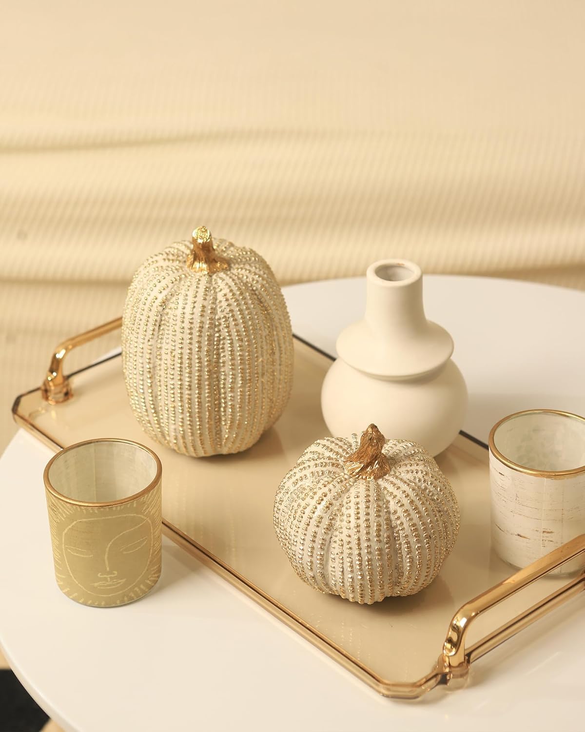 Fall Thanksgiving Pumpkin Decor Figurines, 2 PCS Fake Pumpkin Statues for Tabletop Decorating, White and Gold Resin Pumpkins for Autumn Harvest Luxury Fall Home Decor, Farmhouse, Gift Package