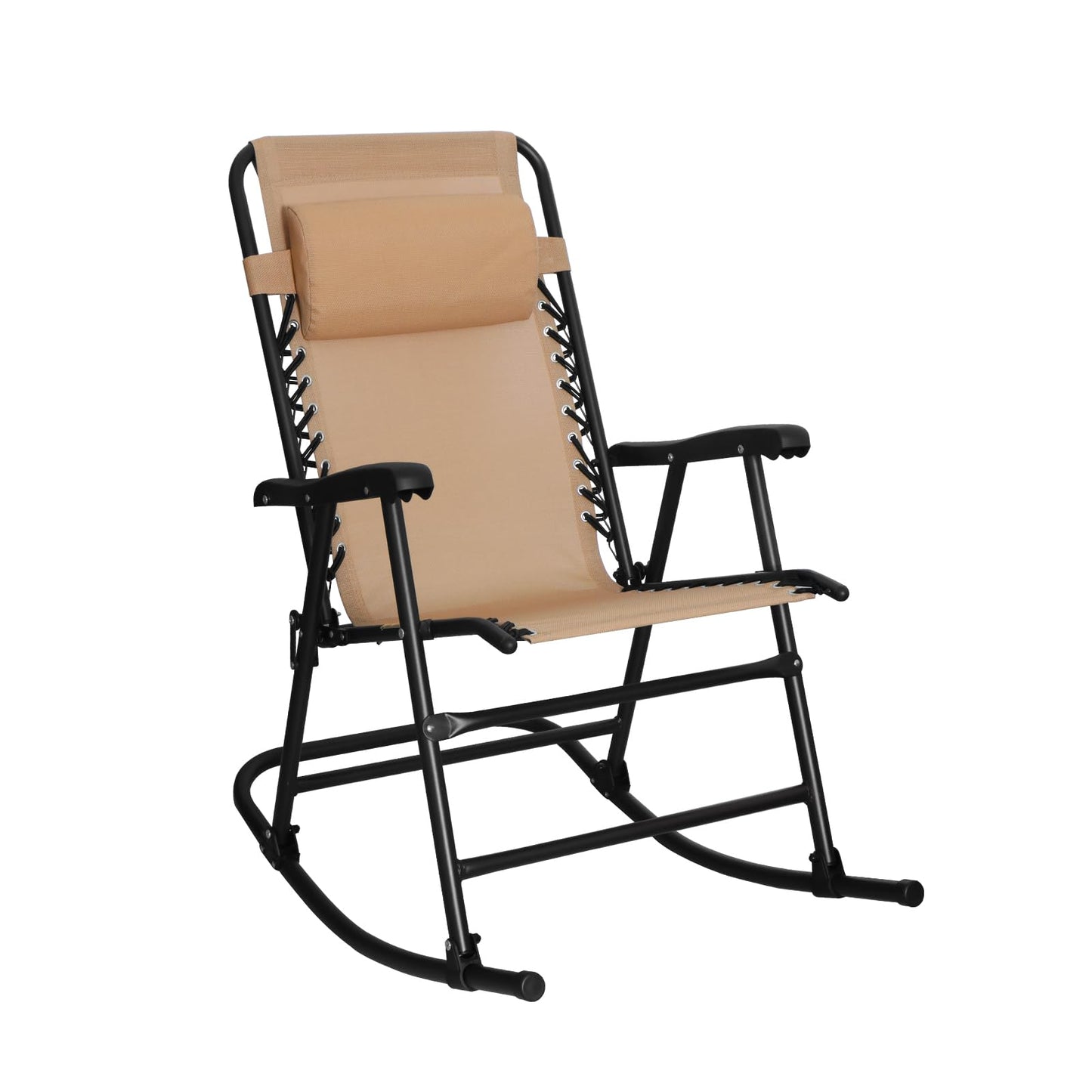 Amazon Basics Outdoor Patio Folding Reclining Lounge Rocking Chair with Pillow, Affordable Folding Chairs for Outside, Beige, 33.6 x 37.4 x 26 inch