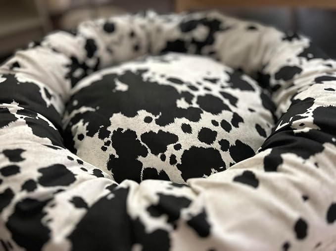 Organic Cotton Canvas Dog Bed: Removable Cover, Natural Fill - Made in USA (Cow Print Black White, Medium 28" x 8" inches)