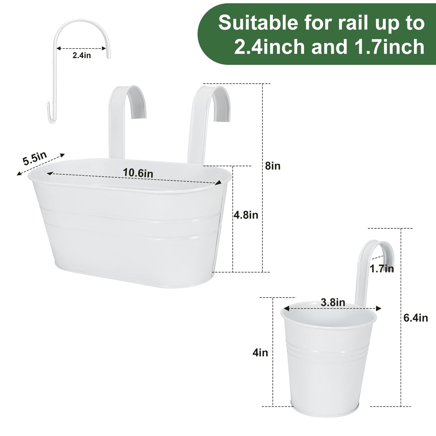 HowRU Metal Iron Flower Pots for Railing Fence Hanging Bucket Pots(5 Pcs) and Hanging Flower Pots Metal Iron Bucket Planter(10 Pcs) (White)